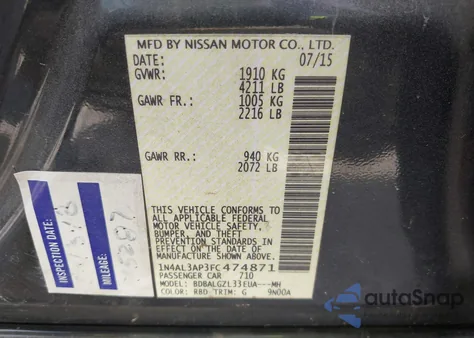 2015 Nissan Altima 2.5 S из США, поврежденный, VIN 1N4AL3AP3FC474871